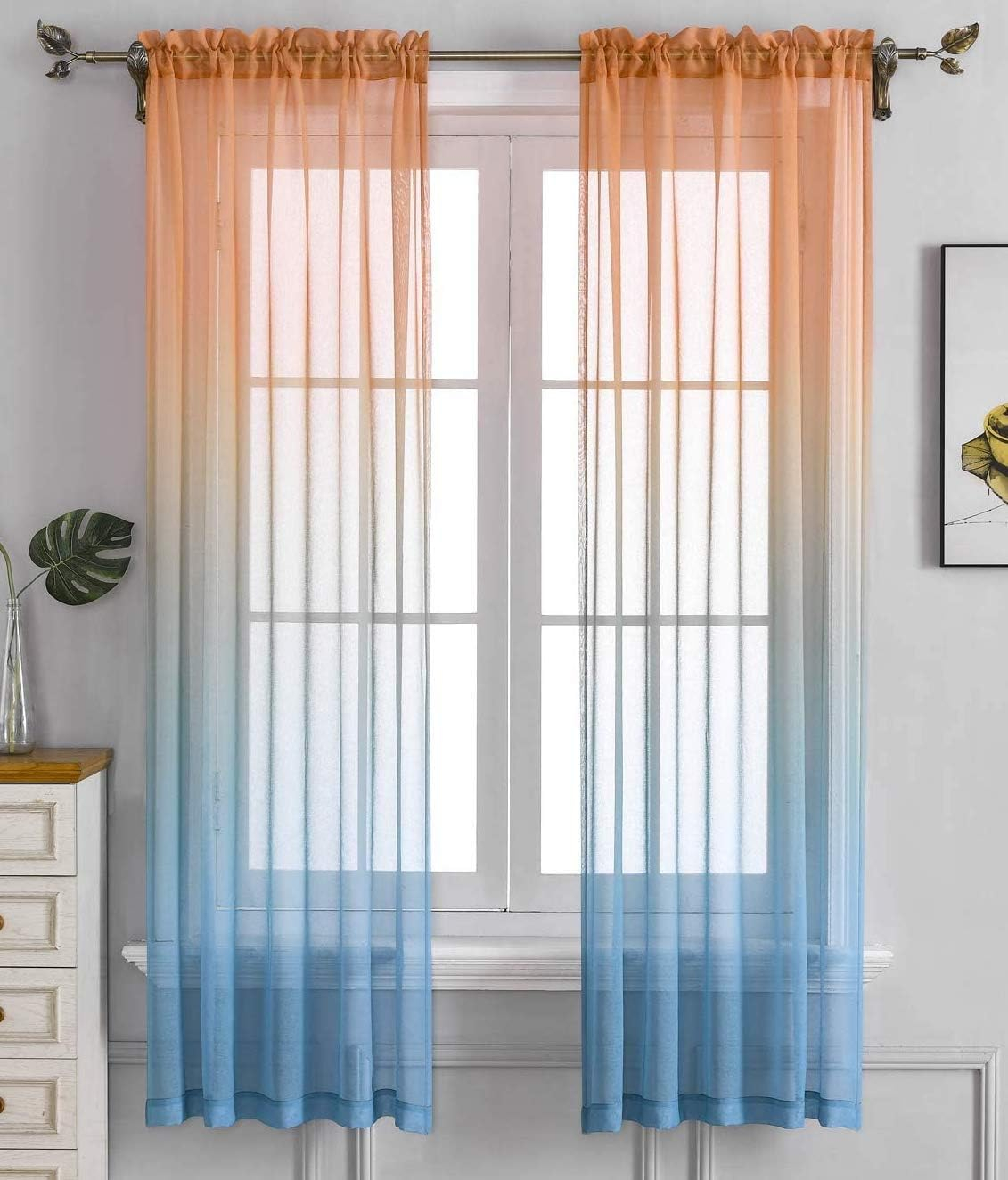 Orange Teal Ombre Sheer Curtains for Kids playroom 2 Panels Rod Pocket Bedroom Window Semi Voile Drapes Faux Linen Décor Girls Livingroom Room Decoration Party 84 Inch Long