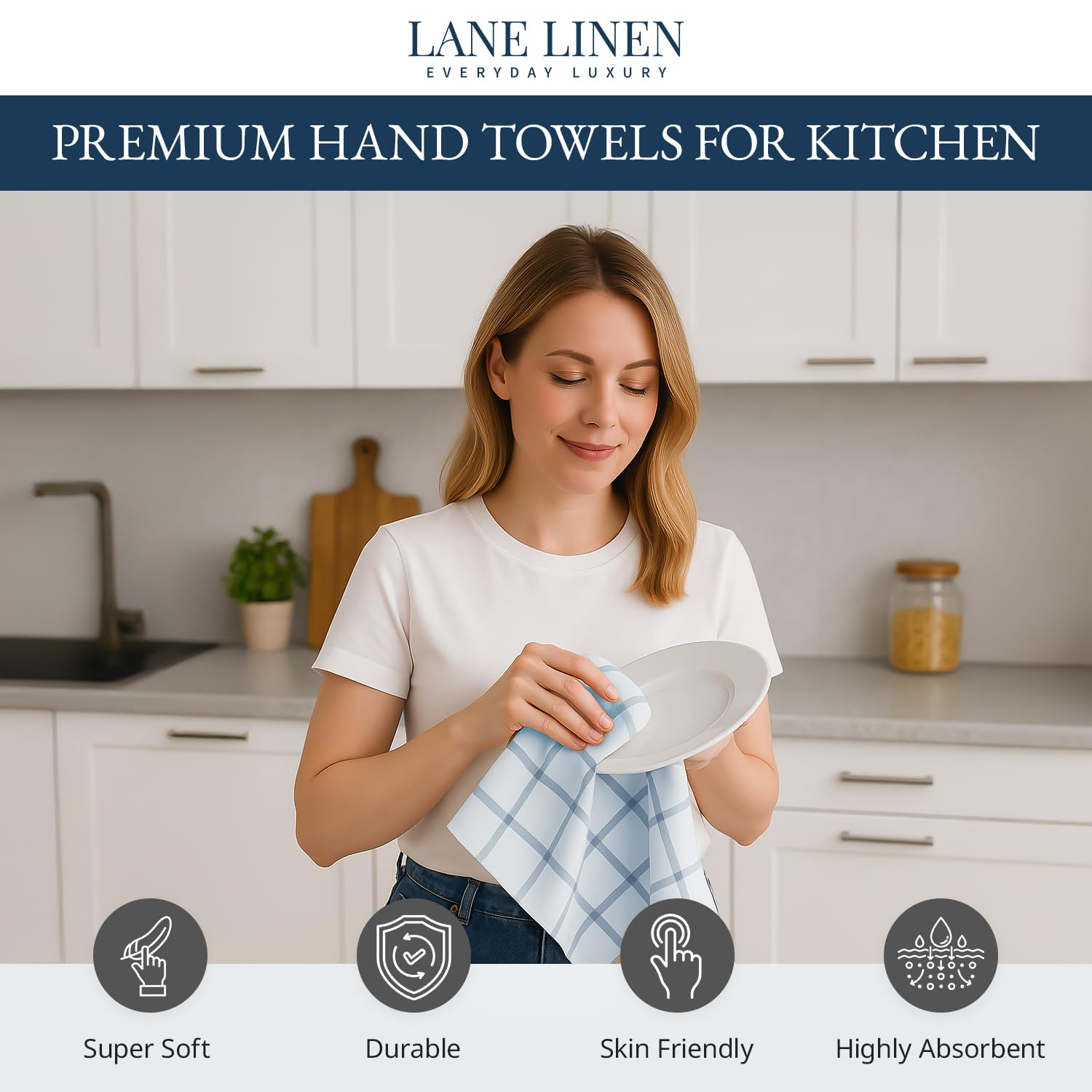 LANE LINEN Cotton Kitchen Towels Set, 6-Pack – Absorbent, Quick-Drying Dish Towels, 18" x 28", Soft, Premium Hand and Tea Towels - Indigo