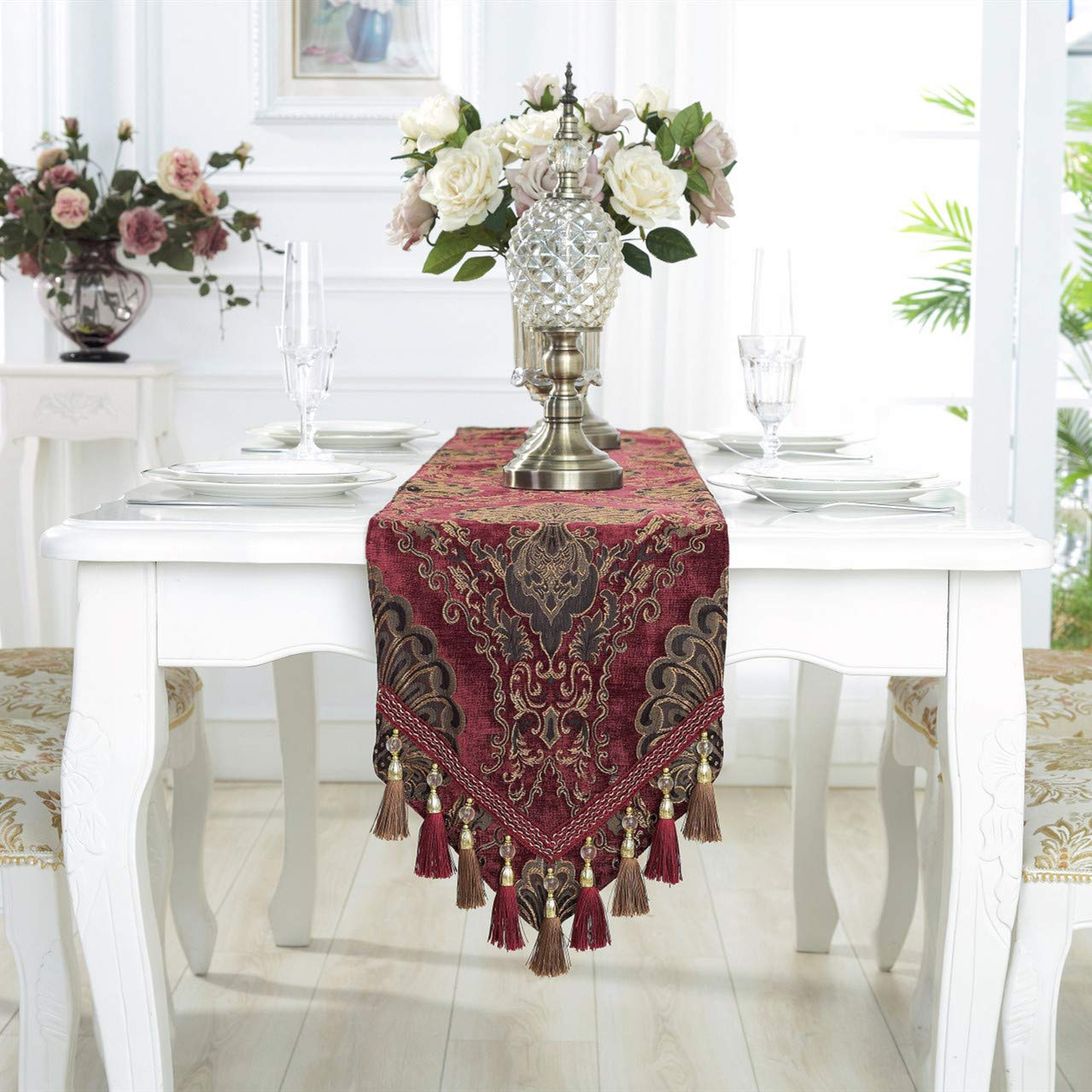 Embroidery Luxury Table Runner Jacquard Fabric Table Runner with Multi-Tassels for Dining Room Dresser Wedding Party Decorations, 13" x 62", Red