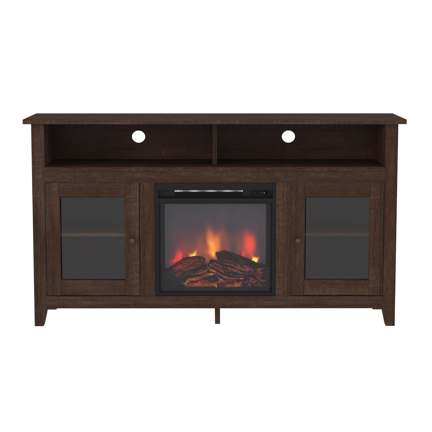 Espresso 58" Highboy Media Stand with Electric Fireplace and Cabinet