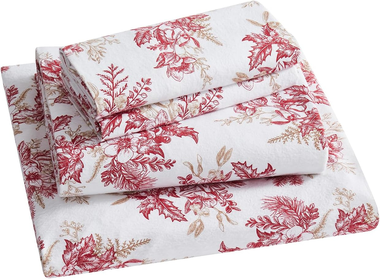 Queen Red and White Cotton Flannel Floral Sheet Set