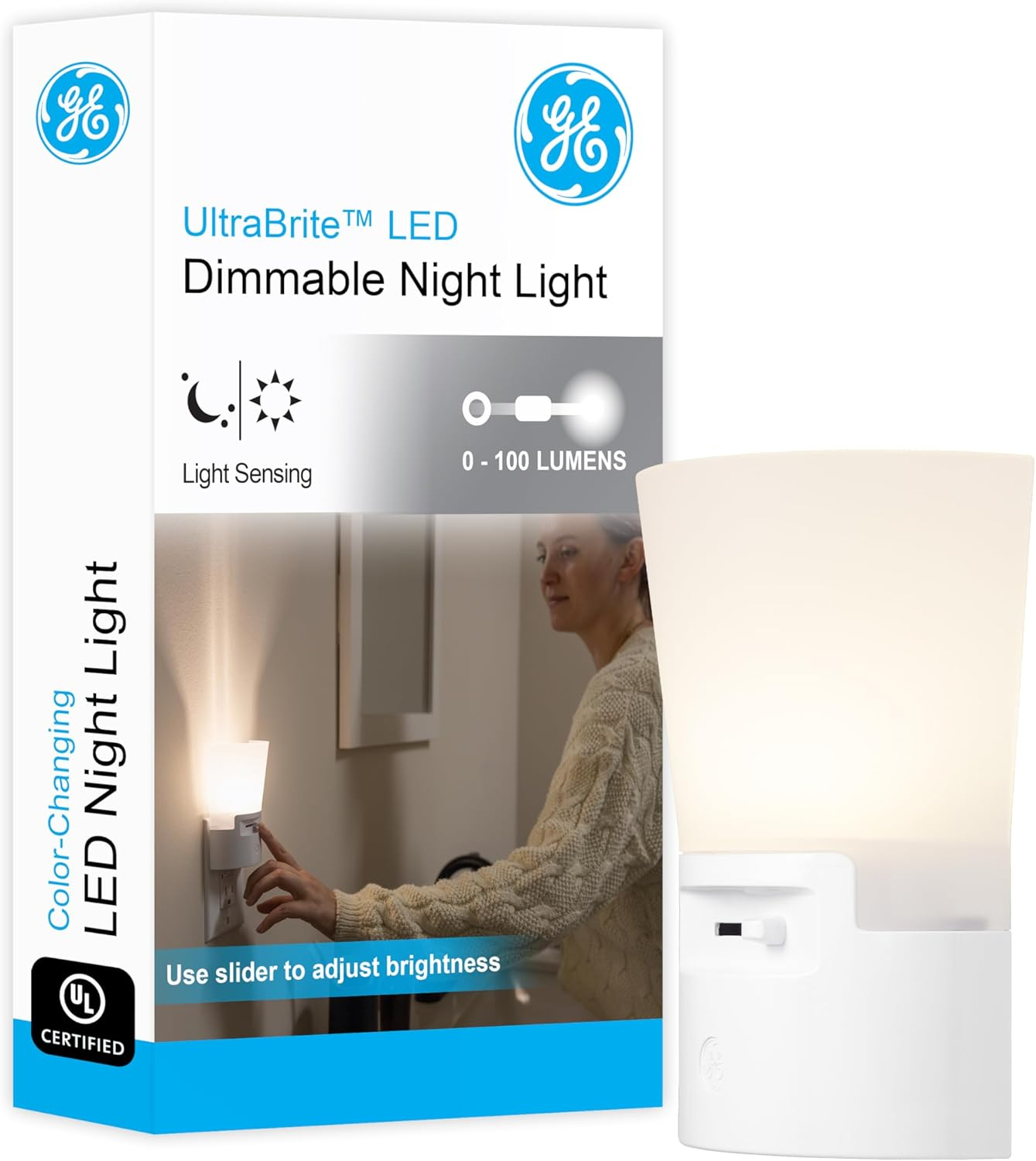 GE UltraBrite Sconce Night LED Light, Dimmable, Plug-in, Dusk-to-Dawn, White, 5in, 45123
