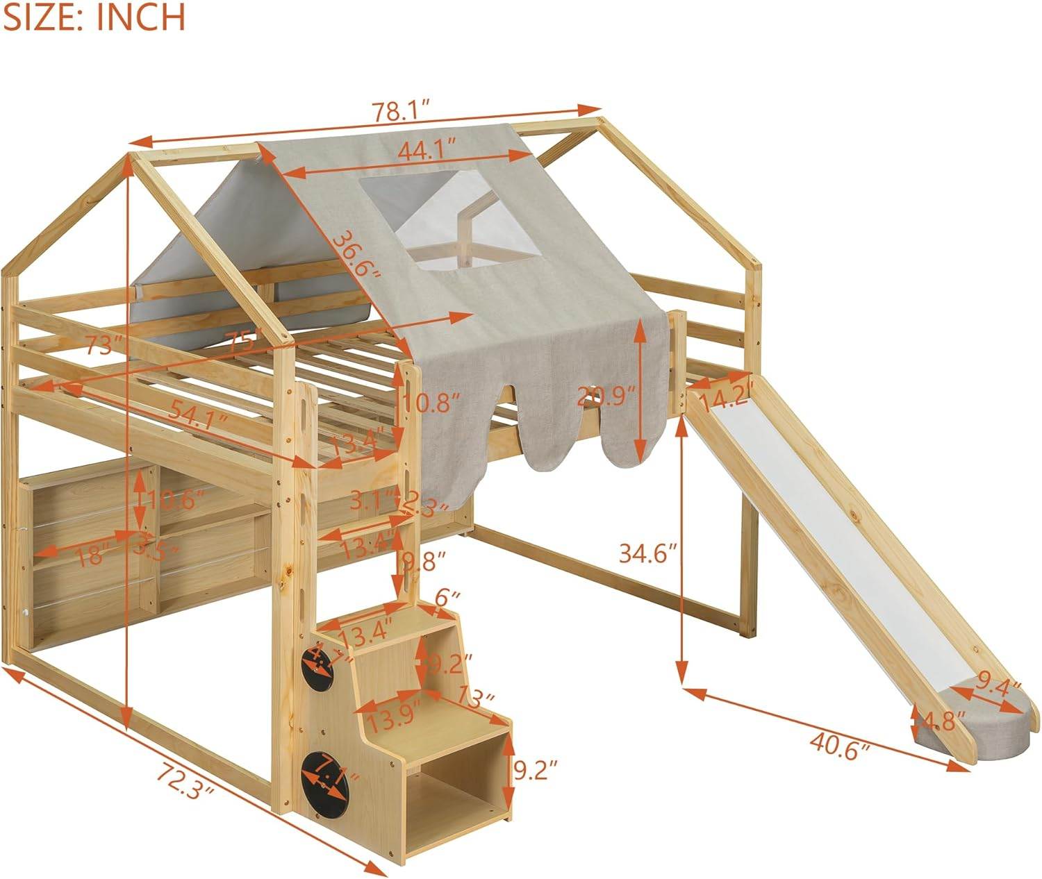 Kids Loft Bed Full Size, Full Loft Bed with Slide and Ladder, Kids House Loft Bed with Storage Shelf and Removable Tent, Full Size Loft Bed for Girls, Boys(Full Natural Beige)