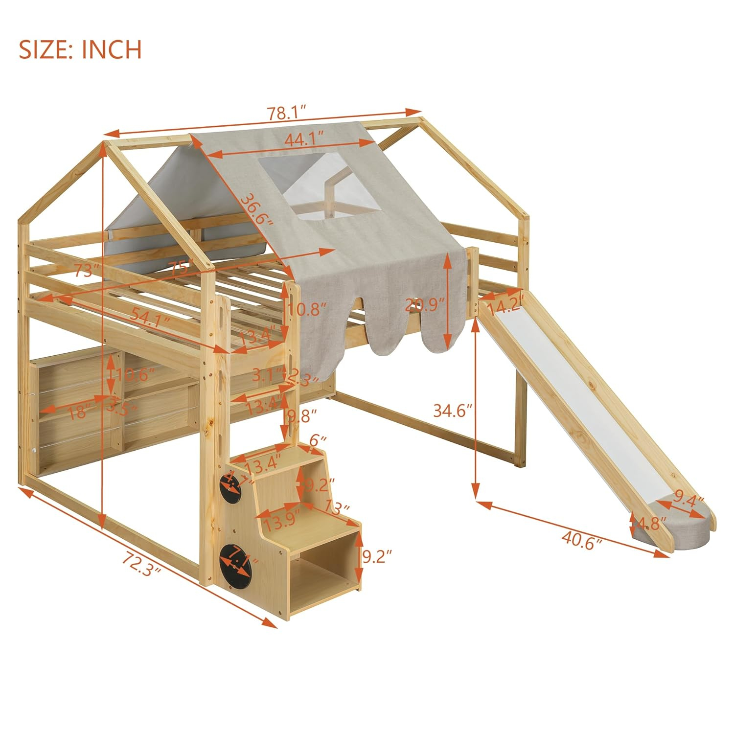 Kids Loft Bed Full Size, Full Loft Bed with Slide and Ladder, Kids House Loft Bed with Storage Shelf and Removable Tent, Full Size Loft Bed for Girls, Boys(Full Natural Beige)