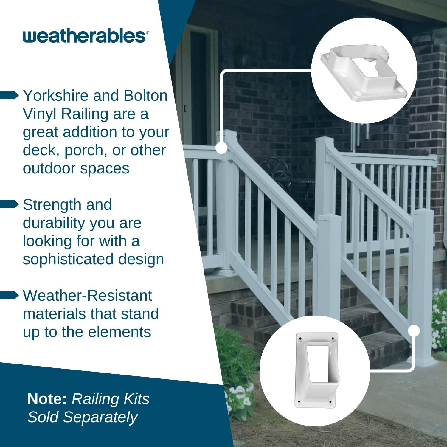 Weatherables Stair Vinyl Railing Brackets – Porch and Deck Railing Bracket Set for Stairs, Top & Bottom Classic Brackets for Yorkshire and Bolton Vinyl Railing Kit (White)