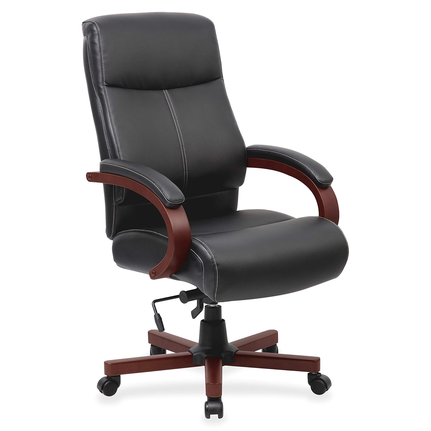 Lorell Executive High-Back Wood Finish Office Chair - Black Bonded Leather Seat - Black Bonded Leather Back - High Back - Black, Mahogany - 1 Each