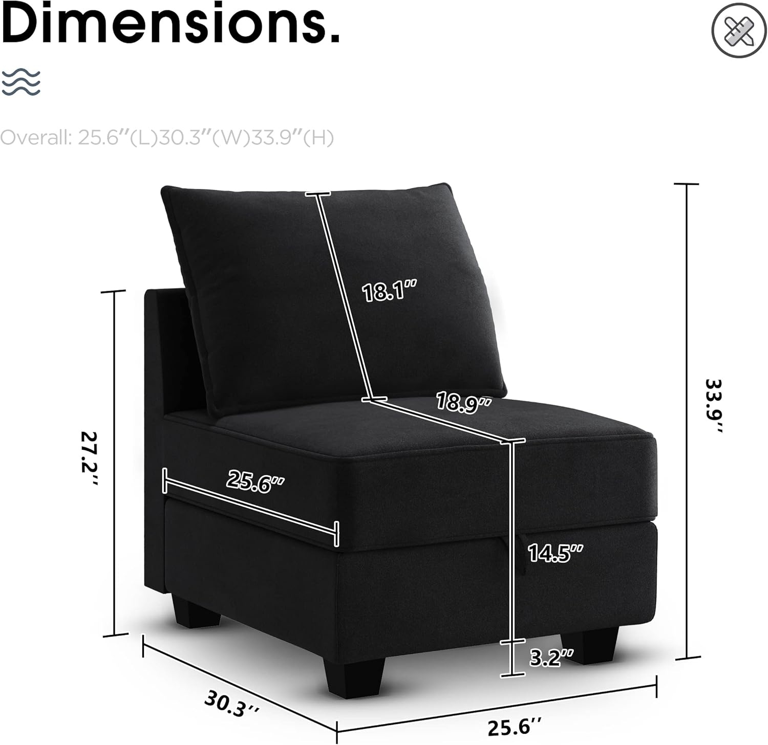 Black Velvet Armless Modular Sofa Chair with Storage
