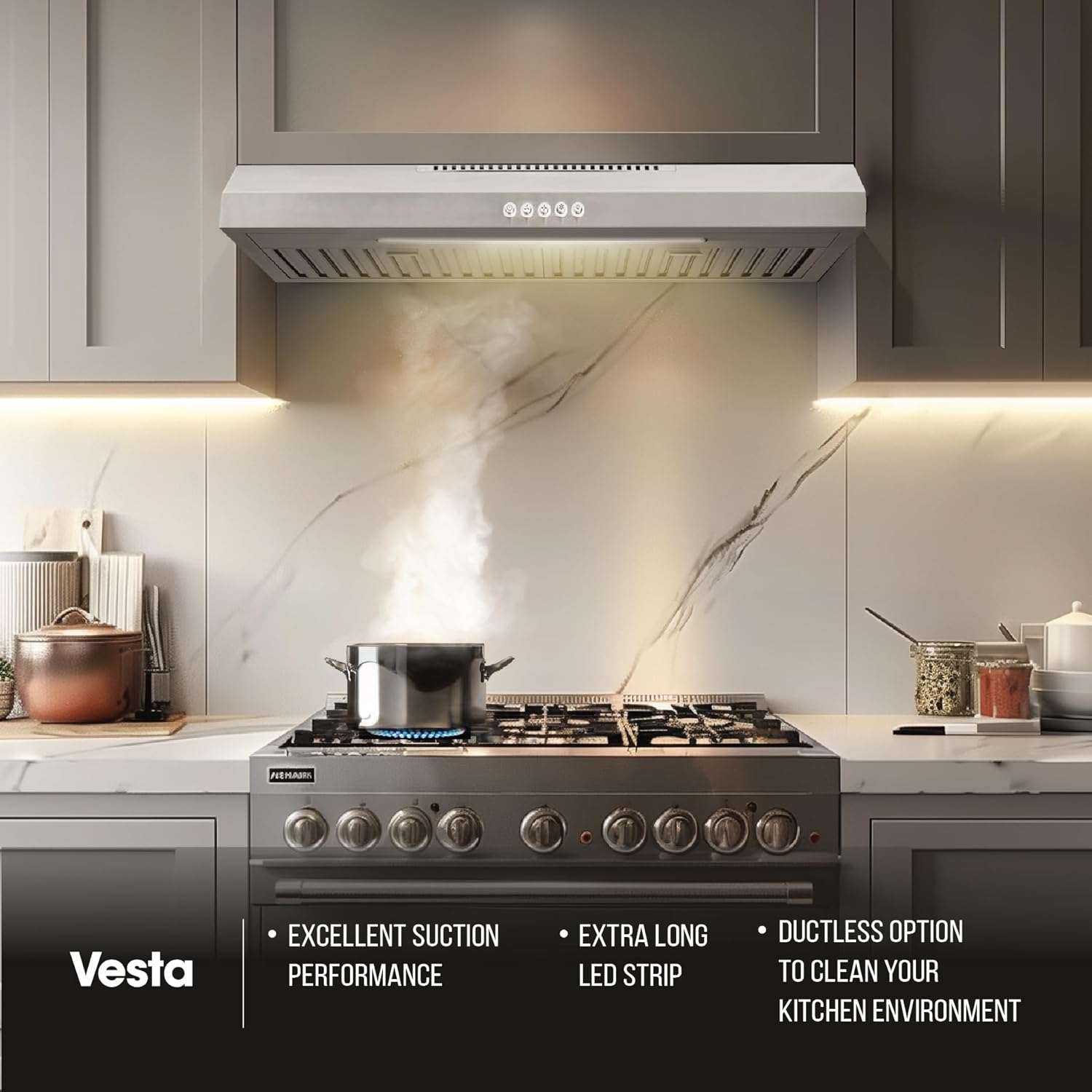 Vesta Charlotte 500cfm Under Cabinet Range Hood With 3 Levels Of Speed, Mechanical Buttons Control, Dishwasher Friendly Baffle Filters, Flexible Vent Connectors, Long LED Stripe
