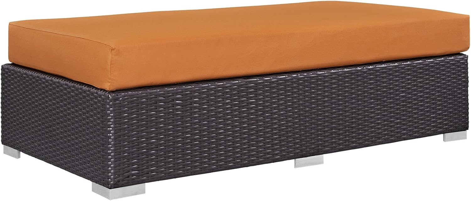 Modway Convene Wicker Rattan Outdoor Patio Rectangle Ottoman with Cushion in Espresso Orange