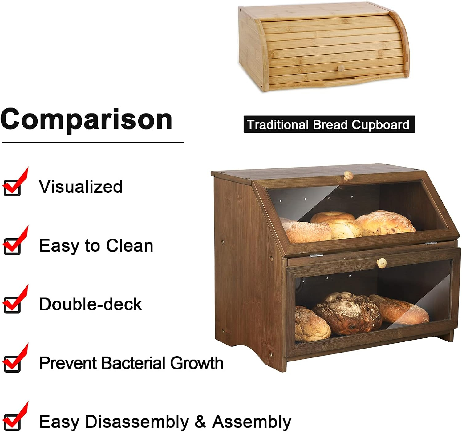 HOMEKOKO Double Layer Large Bread Box for Kitchen Counter, Wooden Large Capacity Bread Storage Bin (Brown)