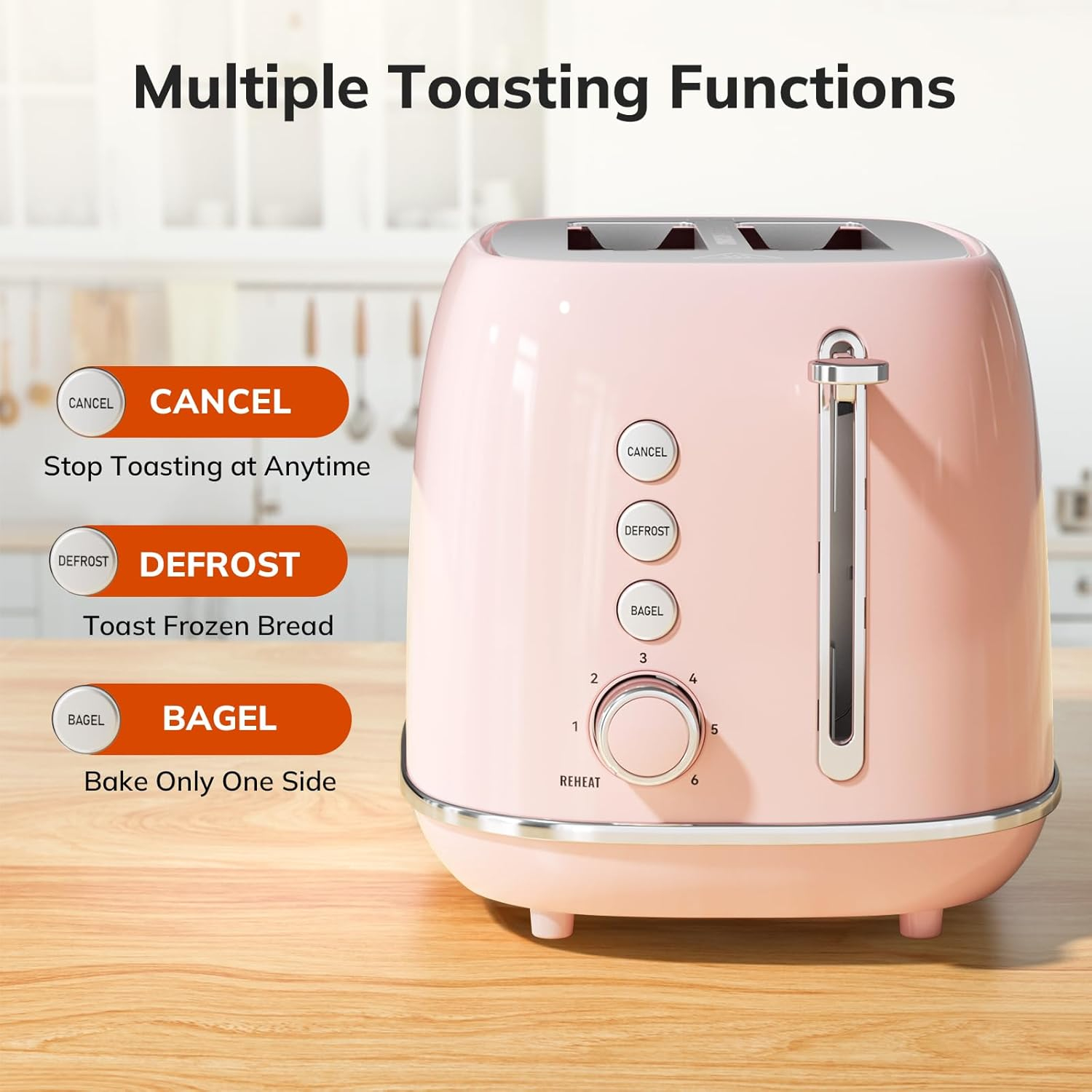 2 Slice Toaster Retro Stainless Steel Toaster with Bagel, Cancel, Defrost Function and 6 Bread Shade Settings Bread Toaster, Extra Wide Slot and Removable Crumb Tray (Pink)