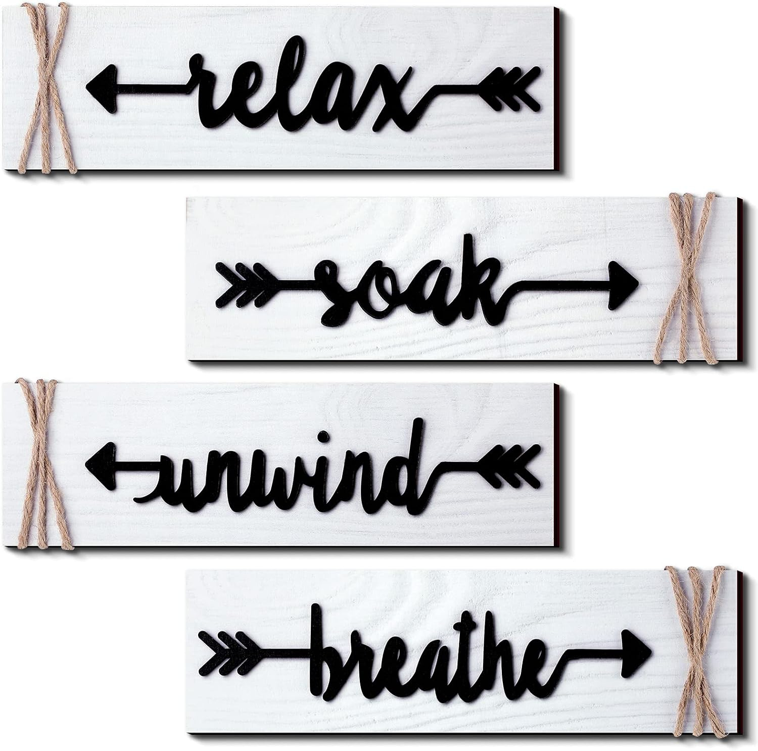 Jetec 4 Pieces Farmhouse Bathroom Decor Wall Art Soak Relax Unwind Breathe Wooden Signs with Arrow Rustic Vintage Country Bathroom Decor for Home Laundry Room(White)
