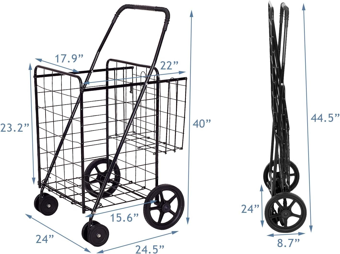 BETTARY Jumbo Folding Shopping Cart, Metal Grocery Cart on Wheels with Double Basket, Heavy Duty Utility Cart with 360° Swivel Wheels for Grocery, Laundry, Book, Luggage, Travel, Black