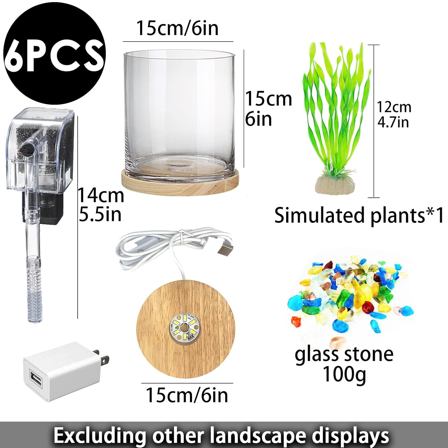Aquarium Starter Kits 0.81-Gallon Fish Tank（6 inches） for Beginner Cylindrical Betta Fish Bowl with Wooden Base LED Light Water Pump Accessories Self-Cleaning Filter Copyright Patent