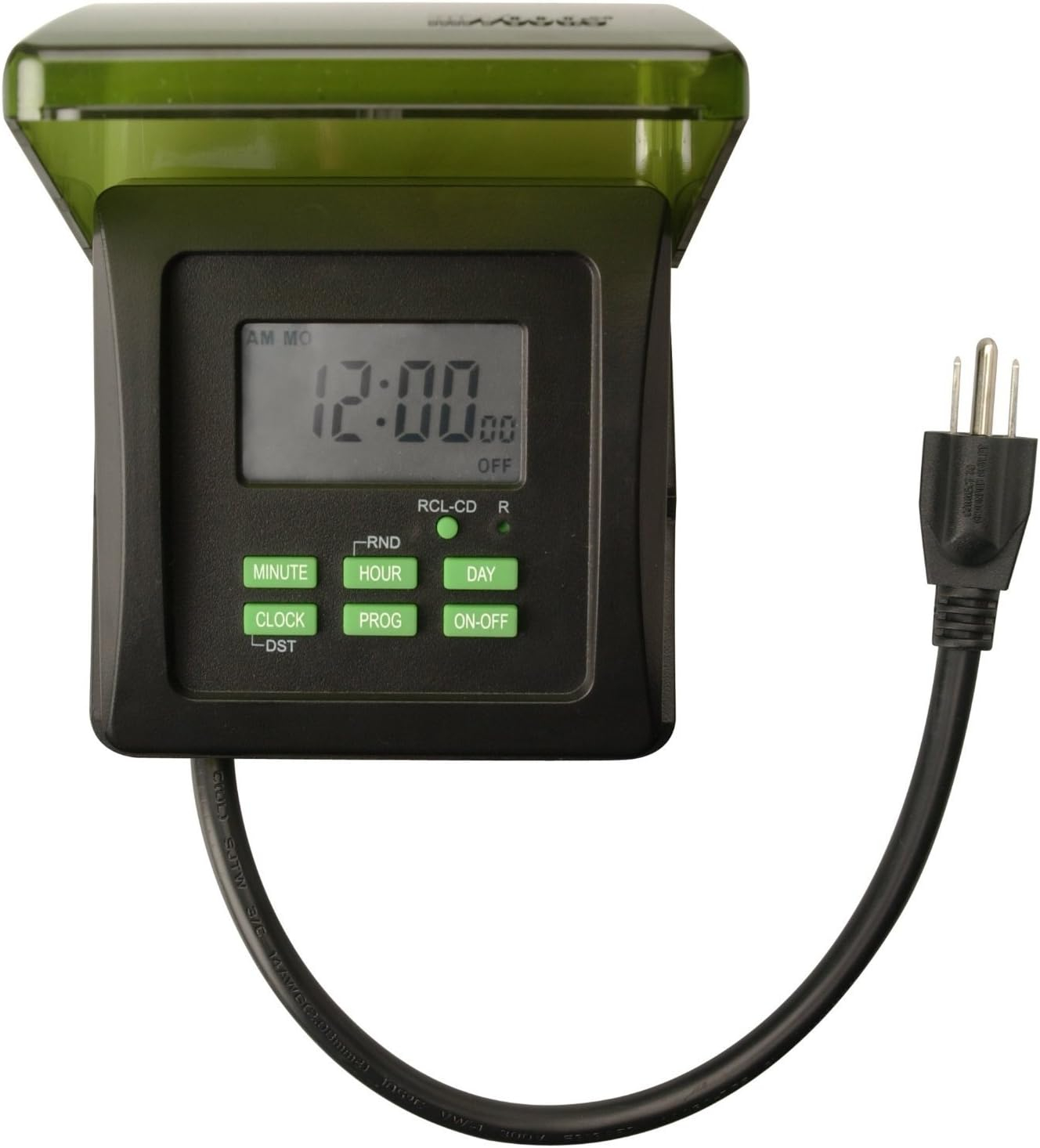 Woods 50015WD Outdoor 7-Day Heavy Duty Digital Plug-in Timer, 2 Grounded Outlets, Weatherproof, Perfect for Automating Holiday/Christmas Lights, Energy Saving Precision Programming, Black & Green