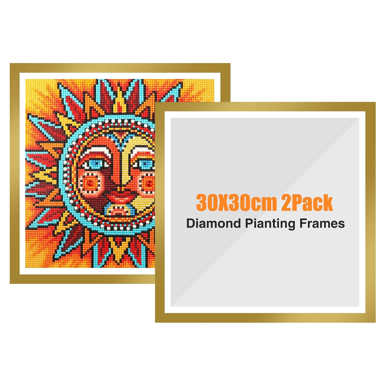GHHKUD Upgraded 2Pack Diamond Painting Frames, Frames for 30x30cm Diamond Painting Canvas, Magnetic Diamond Art Frame Self-Adhesive, Diamond Painting Frames with Hooks for Wall Window Door (Gold)