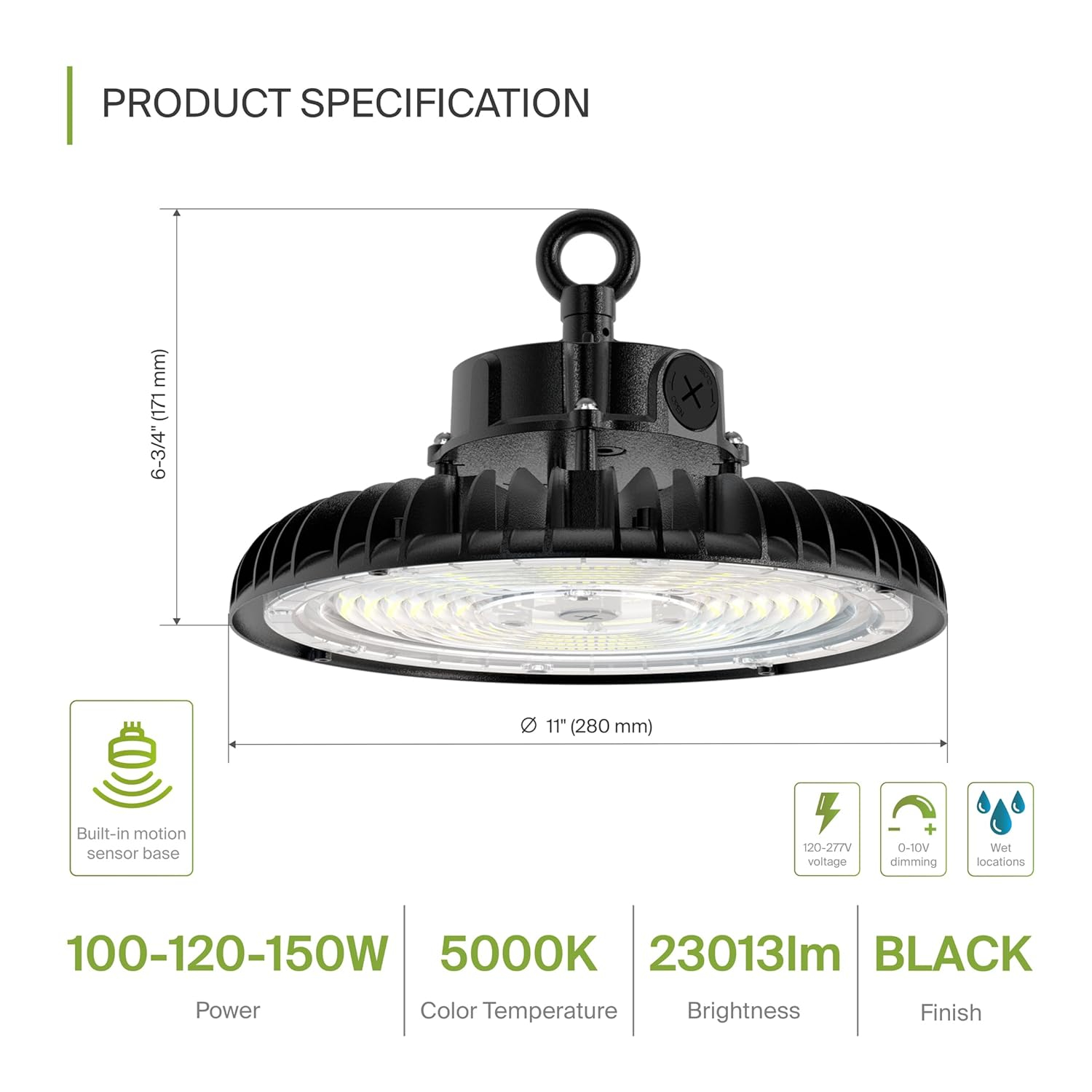 ASD LED High Bay UFO Light Fixture, Commercial Shop Lighting | Dimmable, IP69K Waterproof, DLC Premium, UL Listed | 150W 23000LM 5000K 100-277V | Warehouse, Garage, Workshop, Barn Lamp | Black