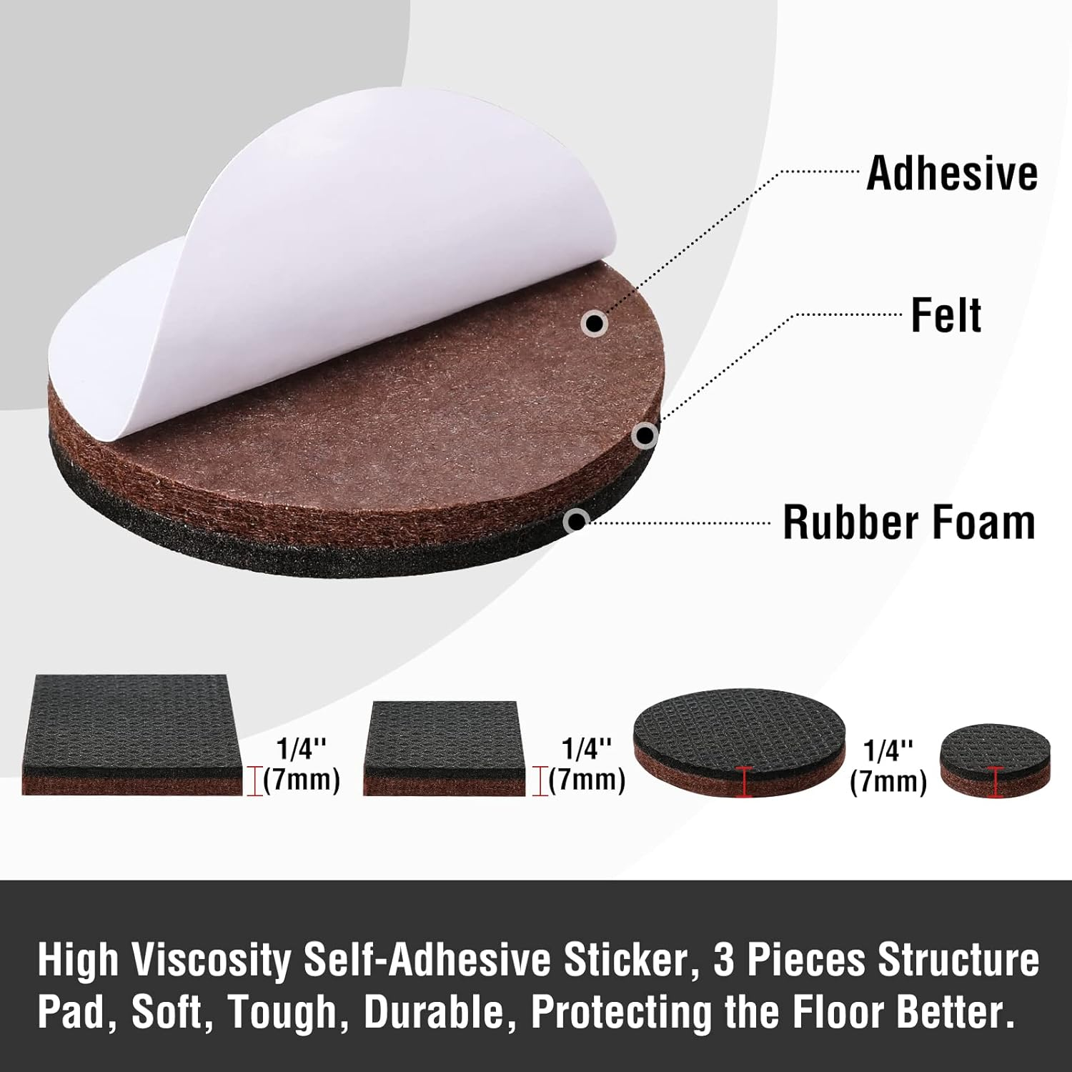 HAUSHOF 46-Piece Felt Furniture Pads, No Slip Furniture Pads Floor Protectors for Hardwood & Laminate Floors, Includes 2''(20pcs), 1.5''(5pcs), 1''(21pcs), Self-Adhesive, Anti-Scratch, Brown