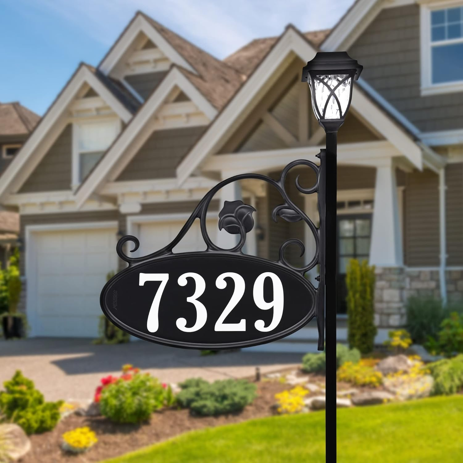 Address America USA Handcrafted, Double-Sided Park Place Reflective Address Sign With Solar Light - 58" Pole