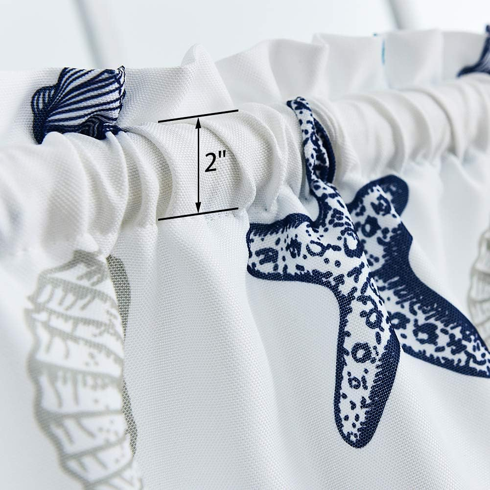 Tier Curtains for Kitchen Windows Starfish café Curtains, 1 Pair 27" x 36" Multi-Color Seashell Conch Printed Half Window Curtain Set for Bathroom Rod Pocket, Blue