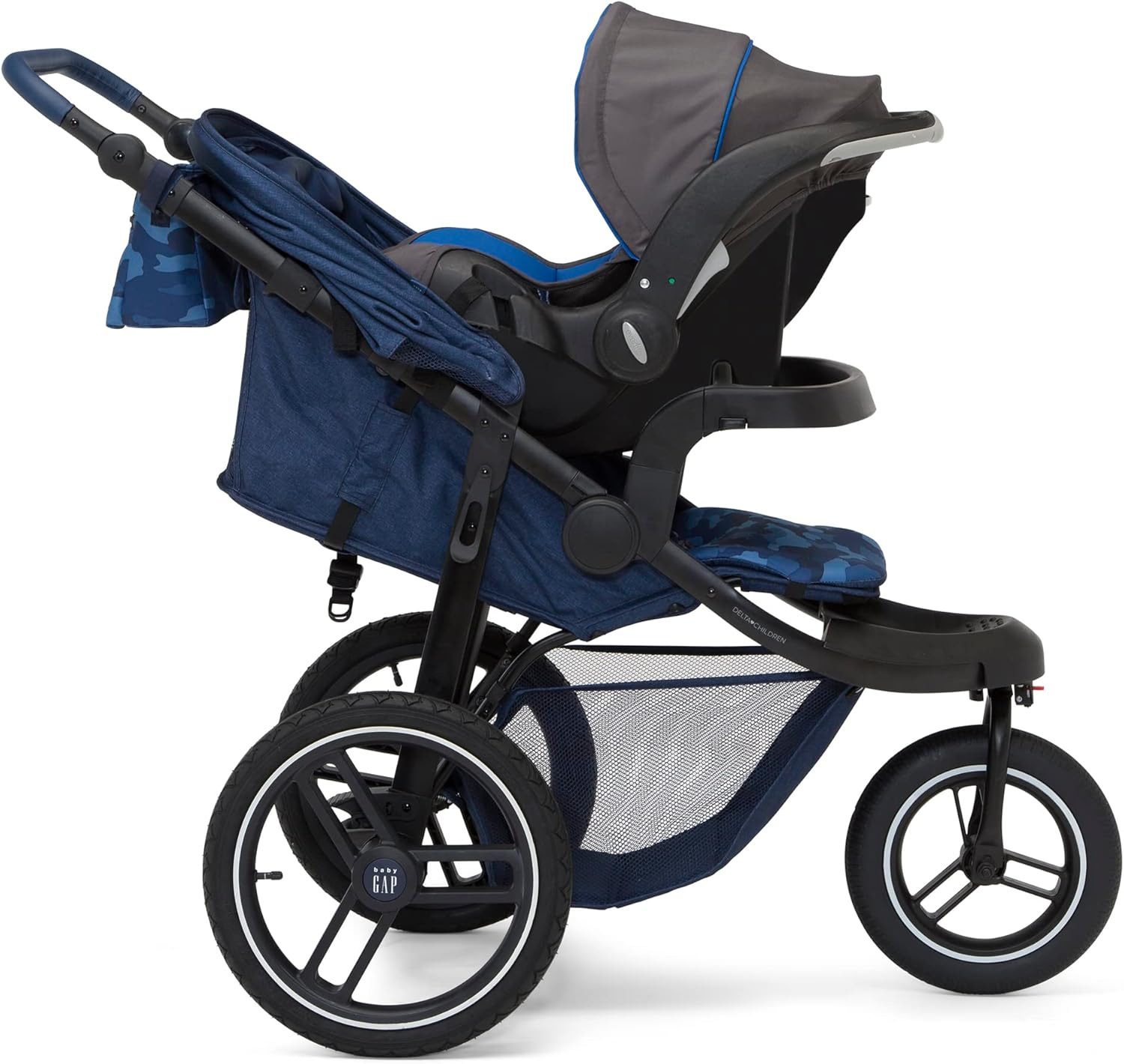 babyGap Trek Jogging Stroller - Lightweight Jogging Stoller with Extendable Canopy & Reclining Seat - Includes Car Seat Adapter - Made with Sustainable Materials, Navy Camo