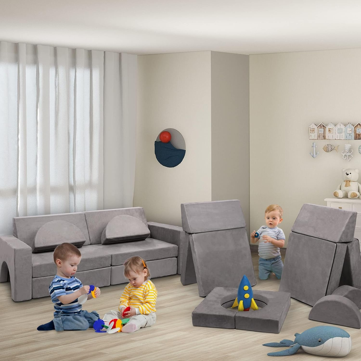Tolead Modular Kids Play Couch Child Sectional Sofa, Imaginative Furniture Play Set for Creative Kids,Toddler to Teen Bedroom Furniture, Girls and Boys Playroom Convertible Sofa, Gray