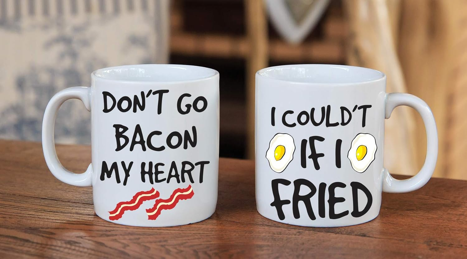Don't Go Bacon My Heart, Could't If I Fried - Funny Couple Mug - (2) 11OZ Coffee Mug - Funny Mug Gift Set - Mugs For Husband and Wife His And Her Gifts - By