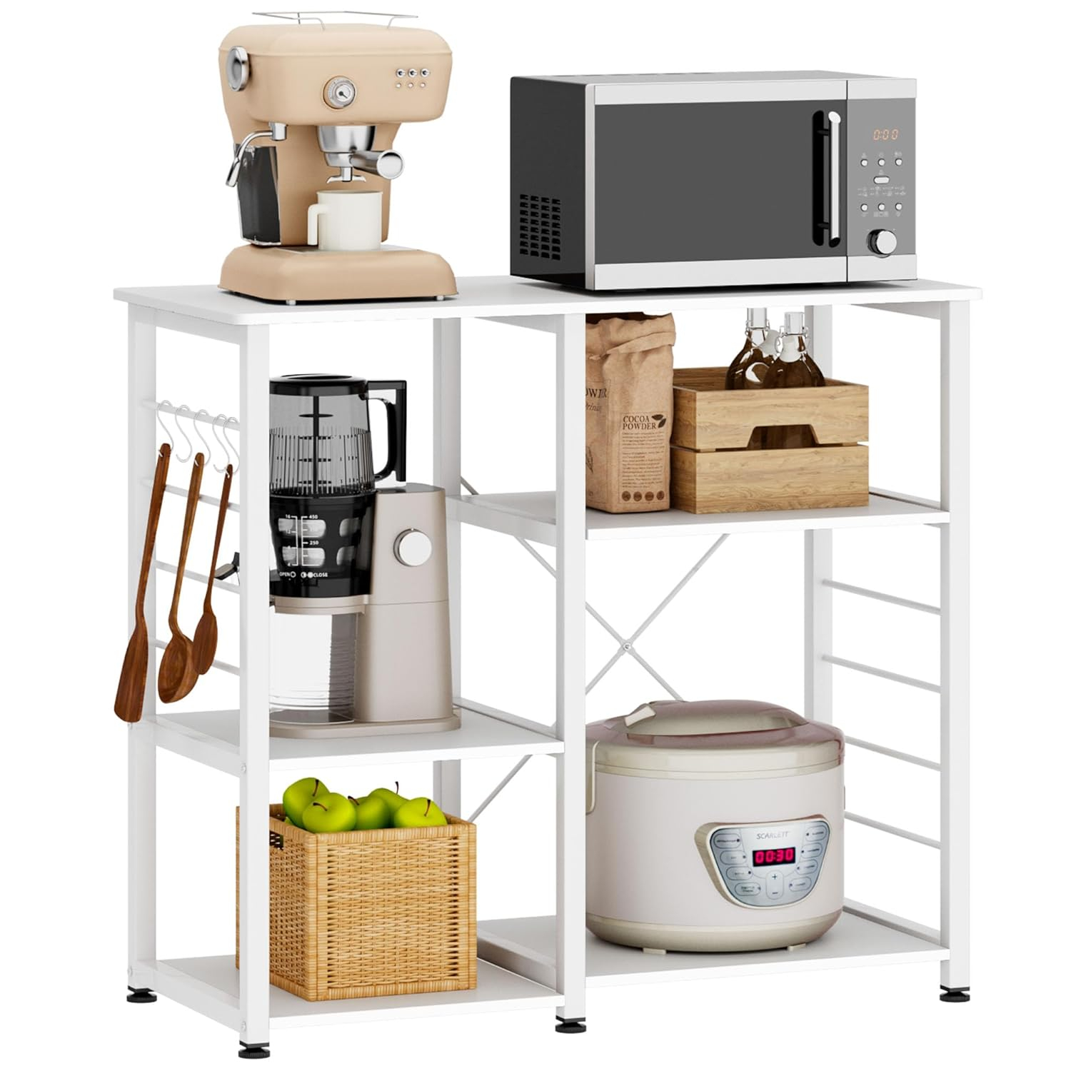 SDHYL Coffee Bar, 35 inch Bakers Rack Microwave Stand with 4 Storage Shelves, Kitchen Shelves Organizers Bakers Racks with Storage, Microwave Table Coffee Station Table for Home Kitchen, White