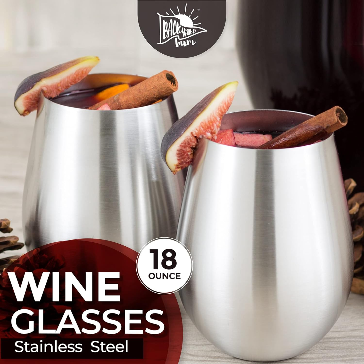 Premium Solid Stainless Steel Wine Glasses | Set of 4 Large 18 Ounce | Stemless Wine Glasses| Perfect for Entertaining Outdoors