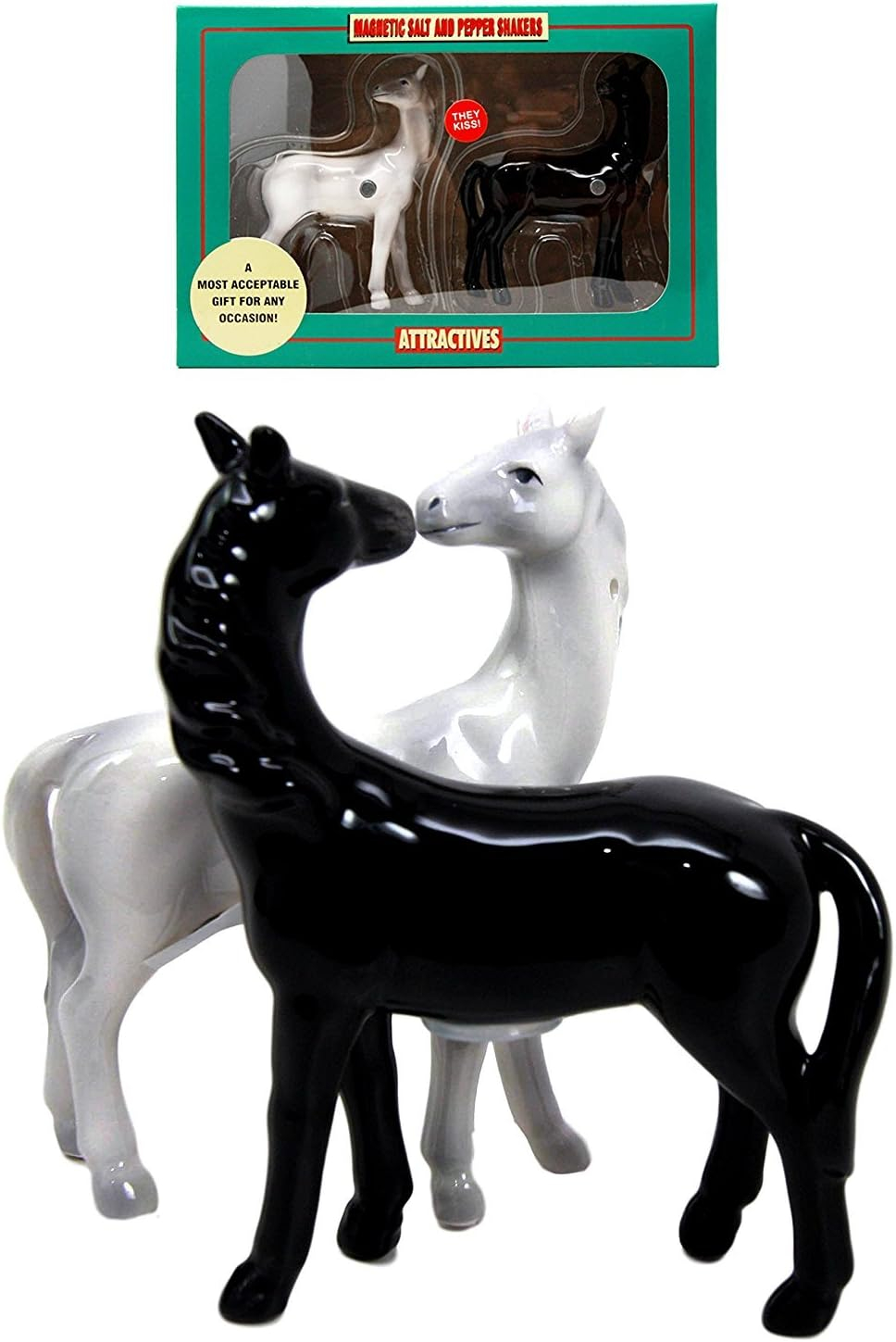 Atlantic Collectibles Romantic Black and White Horses Ceramic Magnetic Salt Pepper Shakers Set Figurines
