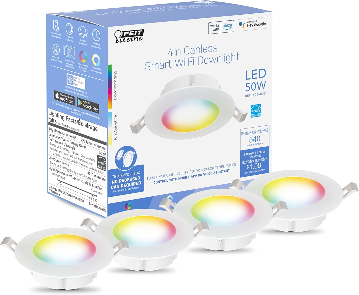 Feit Electric 4" Smart LED Canless Recessed Downlight, 50W EQ, Dimmable, WiFi Enabled, Compatible with Alexa and Google Home Asst, Color Changing, 90 CRI, 540 Lumens, 4 Pack, LEDR4XT/RGBW/CA/AG/4