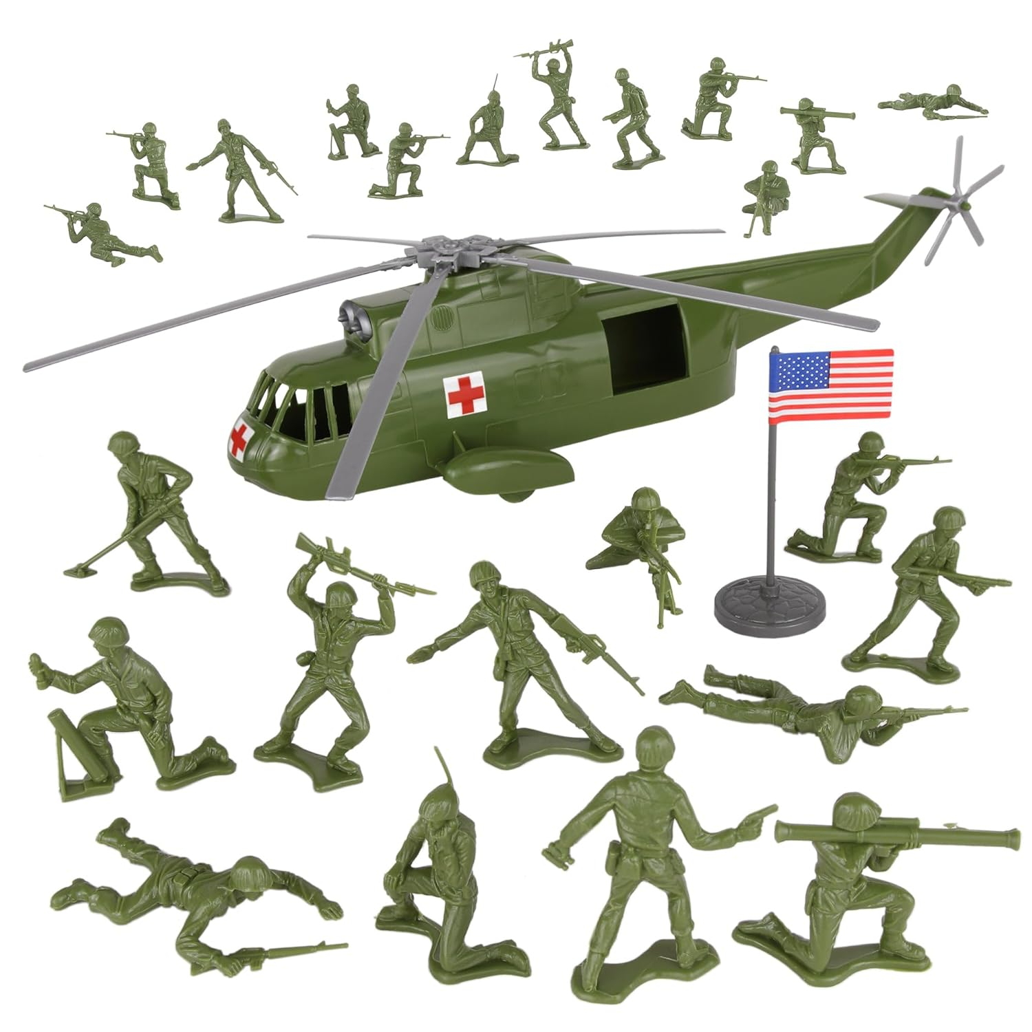 TimMee Plastic Army Men HELICOPTER Playset - OD Green 26pc Made in USA