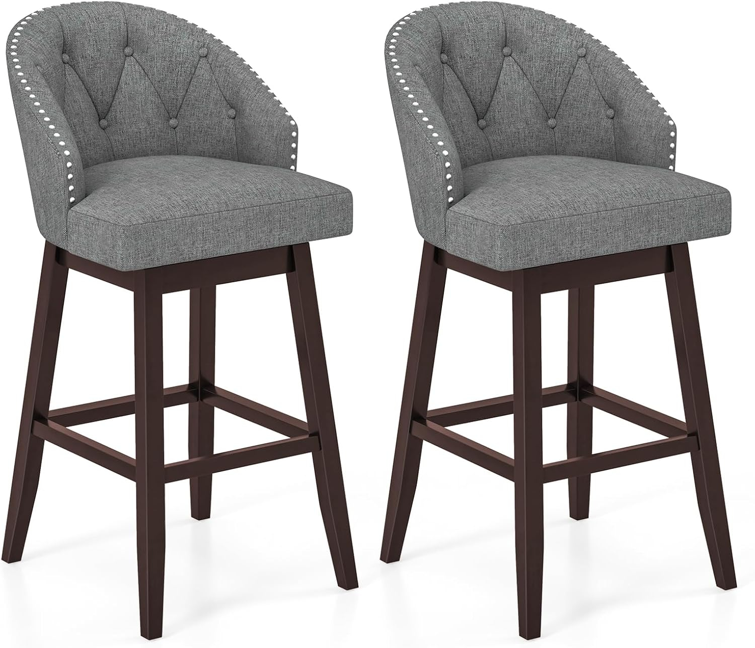 Gray Tufted Swivel Bar Stools with Rubber Wood Legs