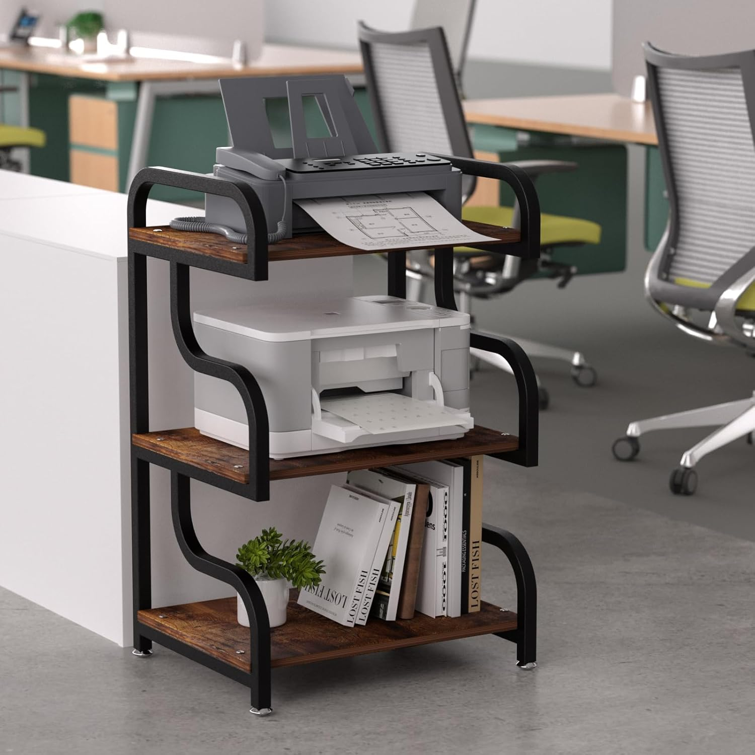 Printer Stand, 3-Tier Large Printer Stand, Durable Materials and Ample Storage Space, Printer Table for Home Office Organization,Rustic Brown