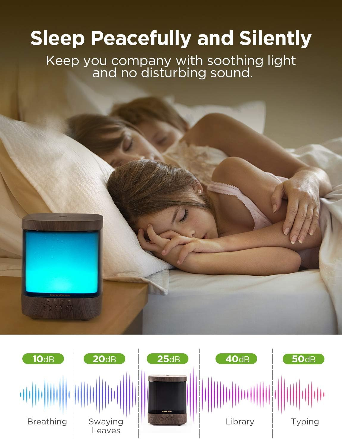 InnoGear Diffusers for Essential Oils, 300ml Oil Diffuser Aromatherapy Diffusers Aroma Ultrasonic Cool Mist Humidifier 4 Timers Color Changing Lights Auto-Off, Dark