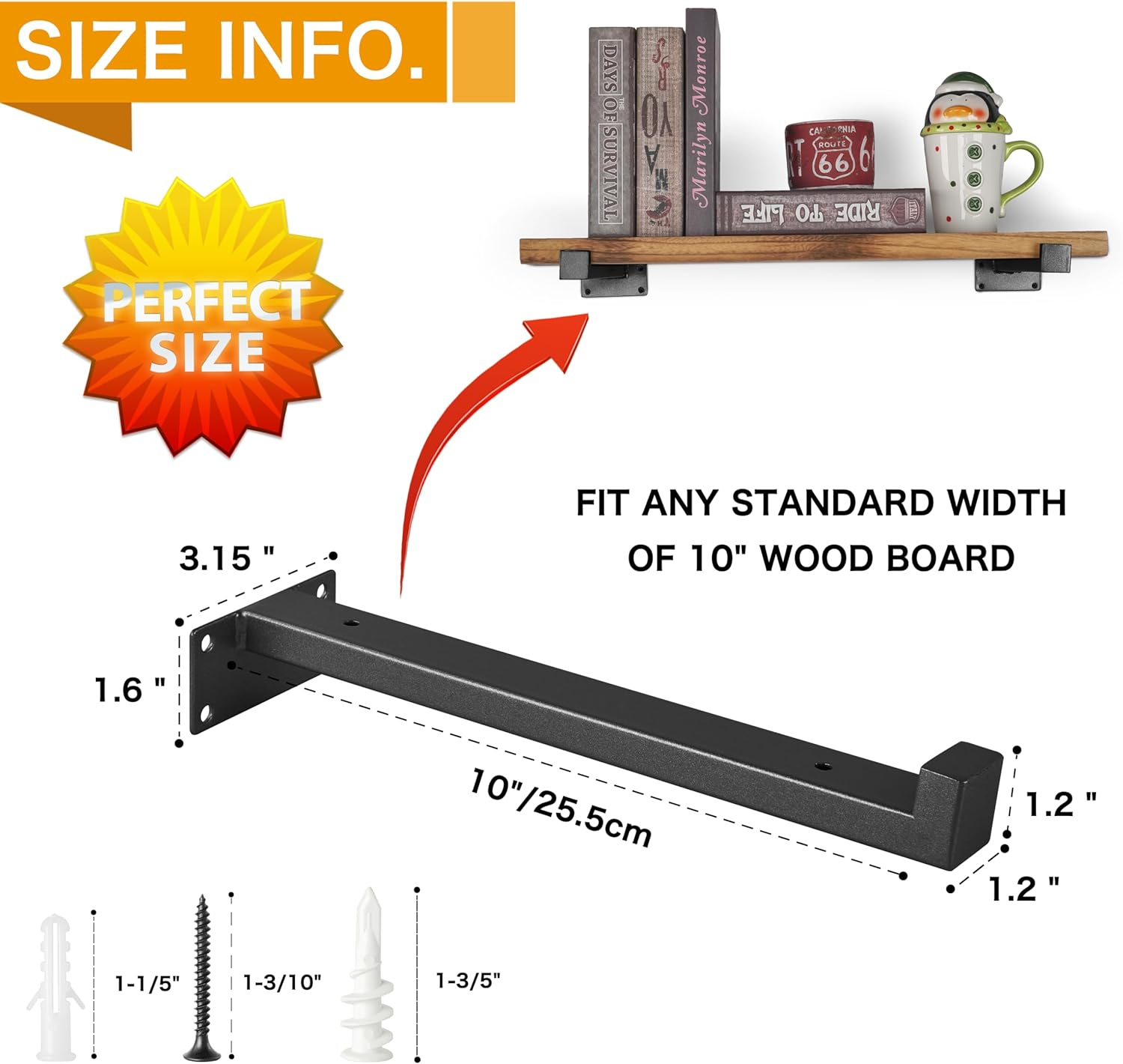 EZYDECOR 6Pcs Floating Shelves Brackets Heavy Duty Wooden Shelf Brackets 10inch Decorative Wall Shelf Brackets & Supports with Lip (Black) 10"