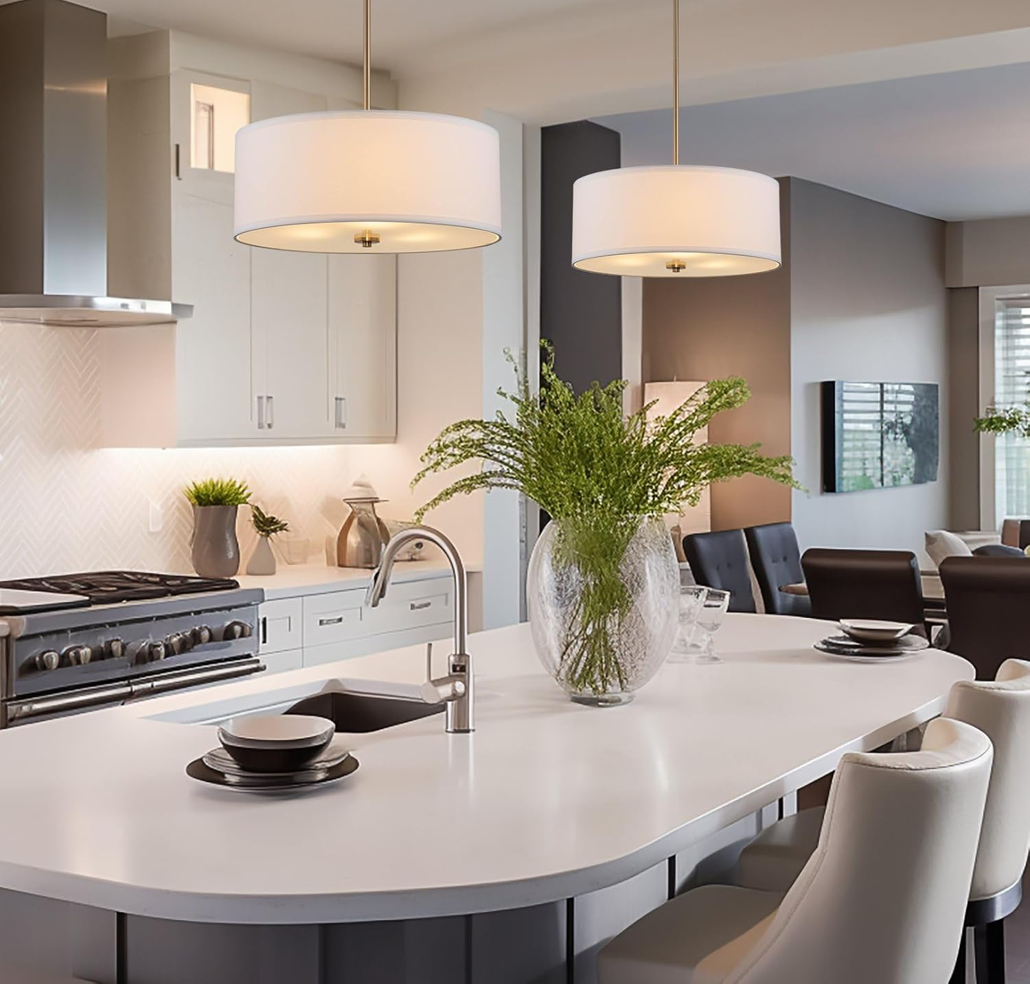 Kira Home Nolan 18" Drum Pendant Chandelier, White Fabric Shade, Round Glass Diffuser, Adjustable Height, Cool Brass