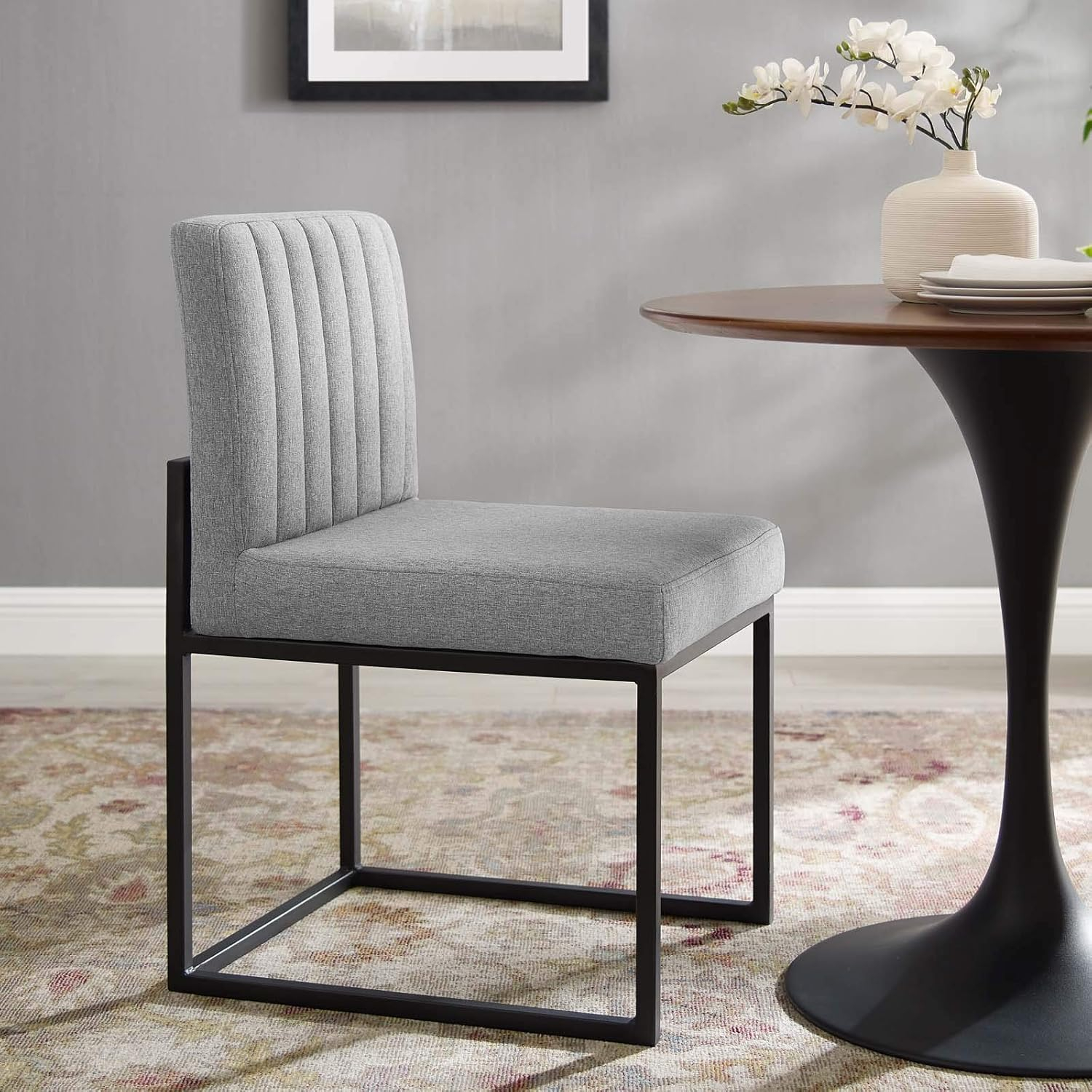Modway Carriage Channel Tufted Sled Base Upholstered Fabric Dining Chair, Black Light Gray