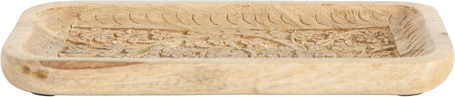 Creative Co-Op Handcarved Mango Wood Tray with Intricate Floral Designs