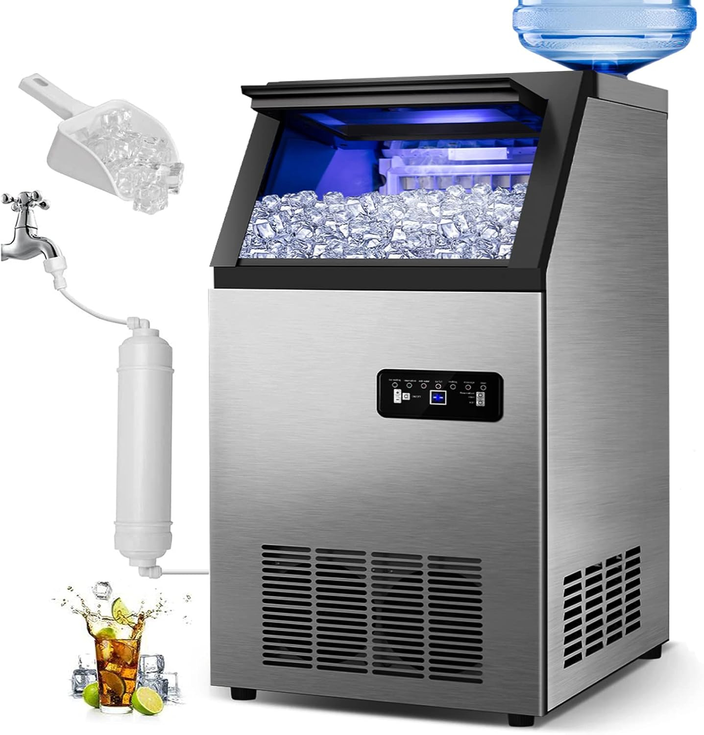 Commercial Maker 120 lb./24 H Freestanding Ice Maker Machine with 35 lbs. Storage, 2 Water Inlet Modes, Stainless Steel