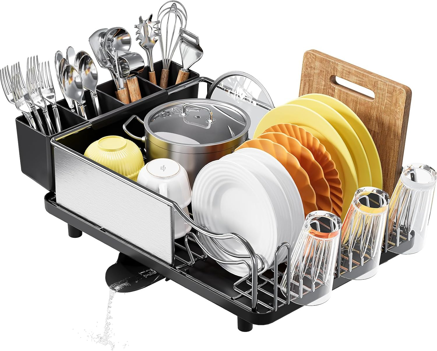 Dish Drying Rack - 304 Large Stainless Steel Dish Drainer for Kitchen Counter, Multifunctional Rust Resistant Kitchen Organizer and Easy Cleaning Storage Rack with Cutlery Holder Drip Tray