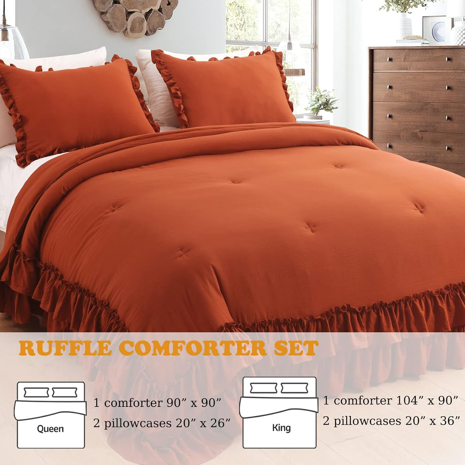 Burnt Orange Microfiber Queen Ruffle Comforter Set