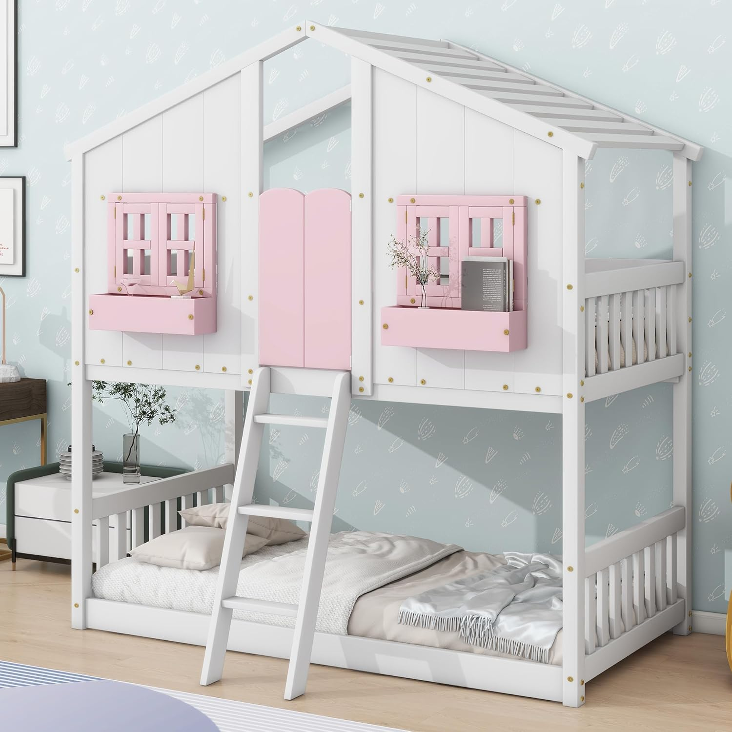 HighSound Twin Over Twin House Bunk Bed Frame with Roof, Window, Ladder and Safety Guardrails for Boys Girls, White & Pink