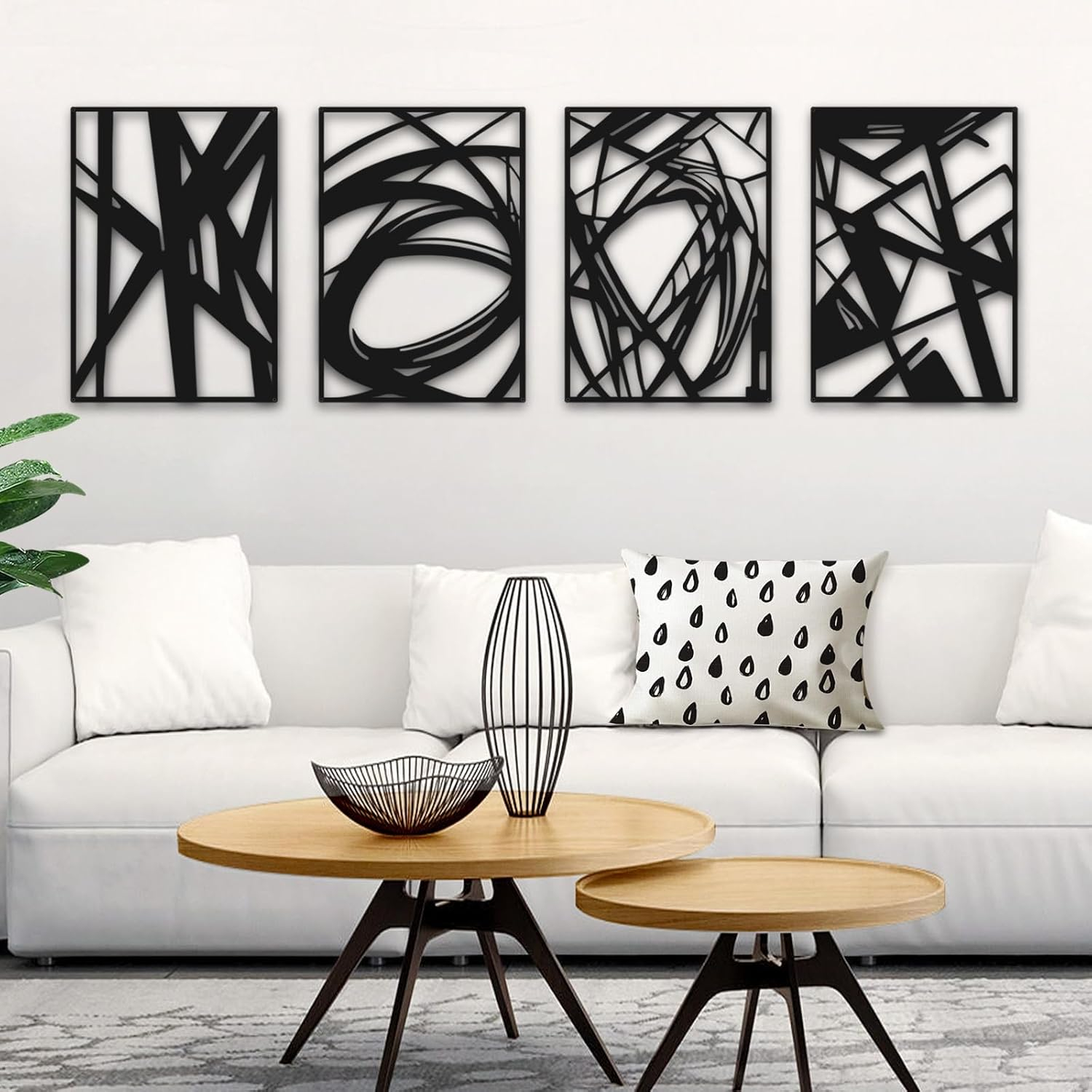 4 Pack Black Abstract Metal Wall Art, Minimalist Décor Single Line Art Décor, 3D Textured Sculptures, for Living Room Bedroom Bathroom Study (Black, M Size 16 x 11'')