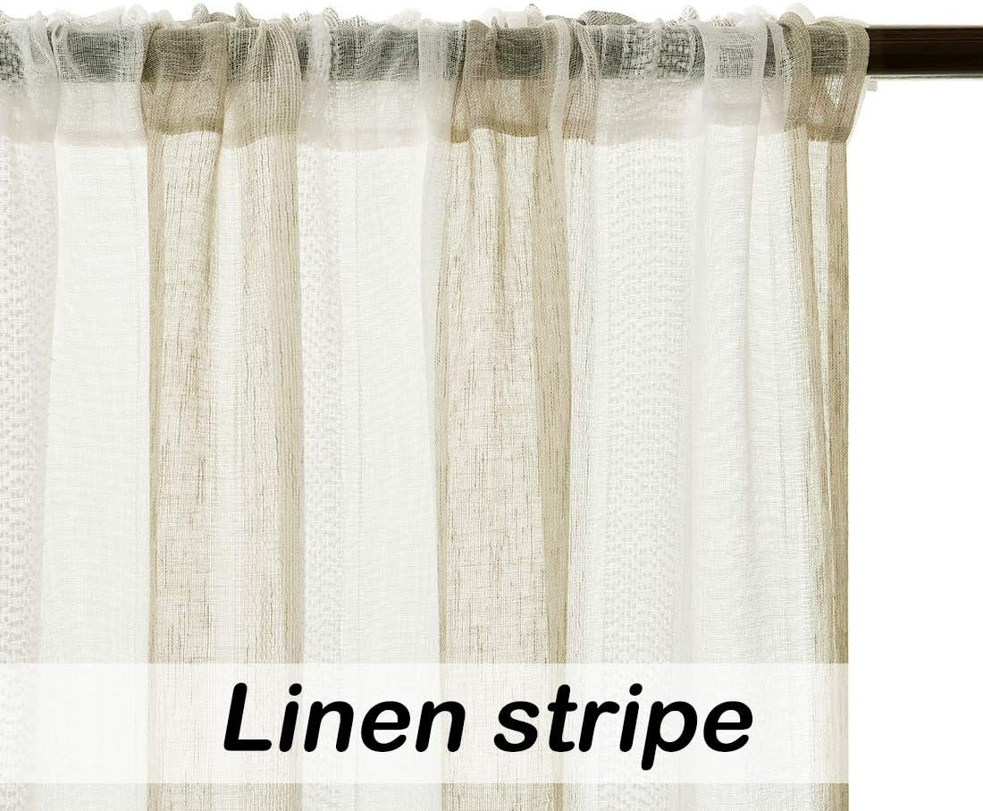 Beige and White Stripe Sheer Farmhouse Curtains Boucle Linen Window Curtain Drape Yarn Dyed Woven 84 Inches Long for Living Room Bedroom Rod Pocket Panels, 40" W x 84" L (Pack of 2)