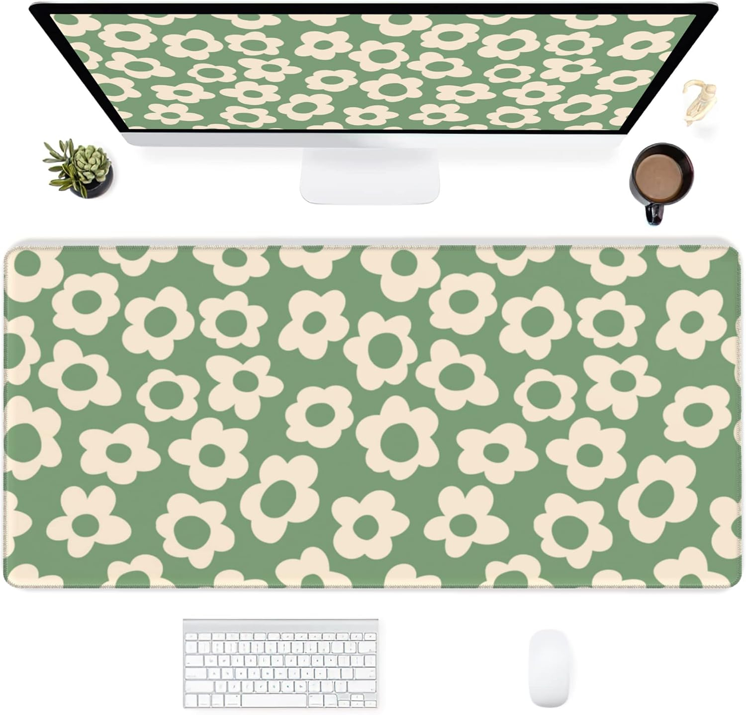 Vintage Groovy Green Flowers Gaming Mouse Pad,Extended Large Mouse Mat Desk Pad,Big Computer Keyboard Desk Pad,Stitched Edges Mousepad,3mm Thick Long Non-Slip Rubber Base Mice Pad, 31.5 X 11.8 Inch