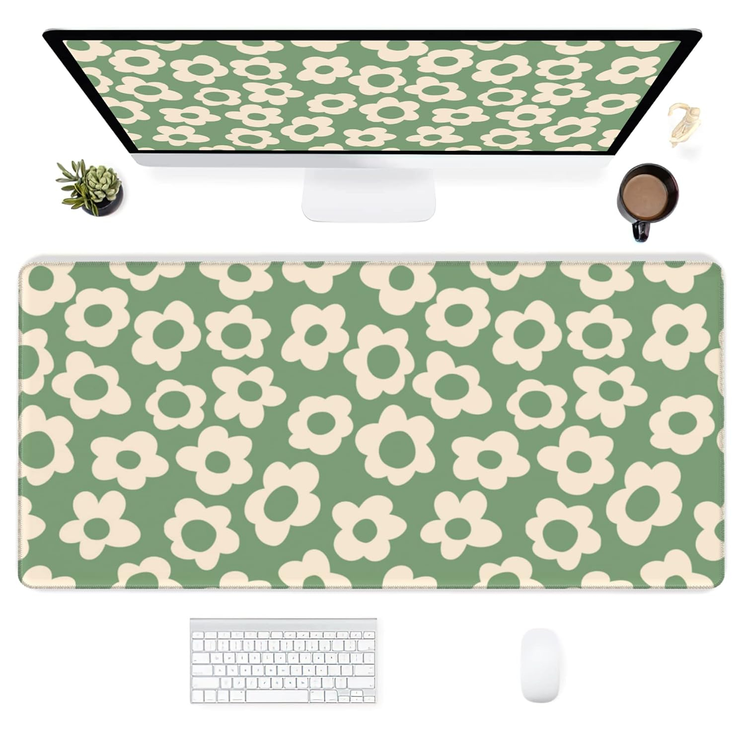 Vintage Groovy Green Flowers Gaming Mouse Pad,Extended Large Mouse Mat Desk Pad,Big Computer Keyboard Desk Pad,Stitched Edges Mousepad,3mm Thick Long Non-Slip Rubber Base Mice Pad, 31.5 X 11.8 Inch