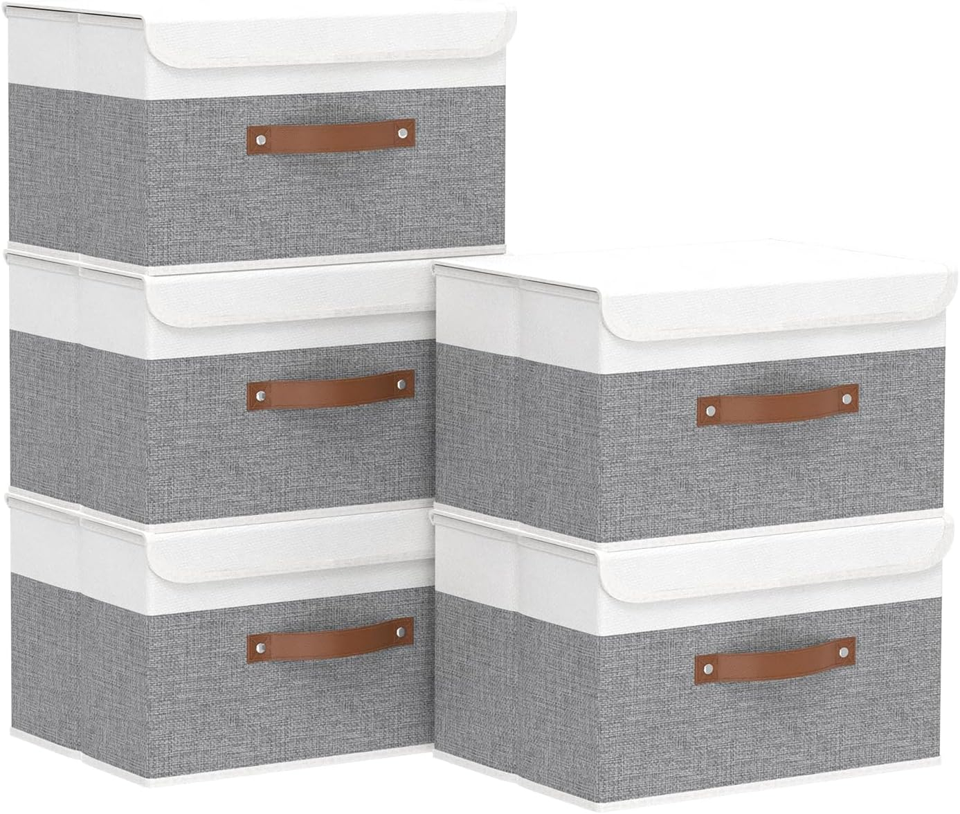 Yawinhe Storage Boxes with Lids, Linen Fabric Bin, Cube Organizer Basket, Washable and Leather Handle, for Home, Closet, White/Grey, 15.0''Lx9.8''Wx9.8''H, 1-Pack, USNK024WGL-1