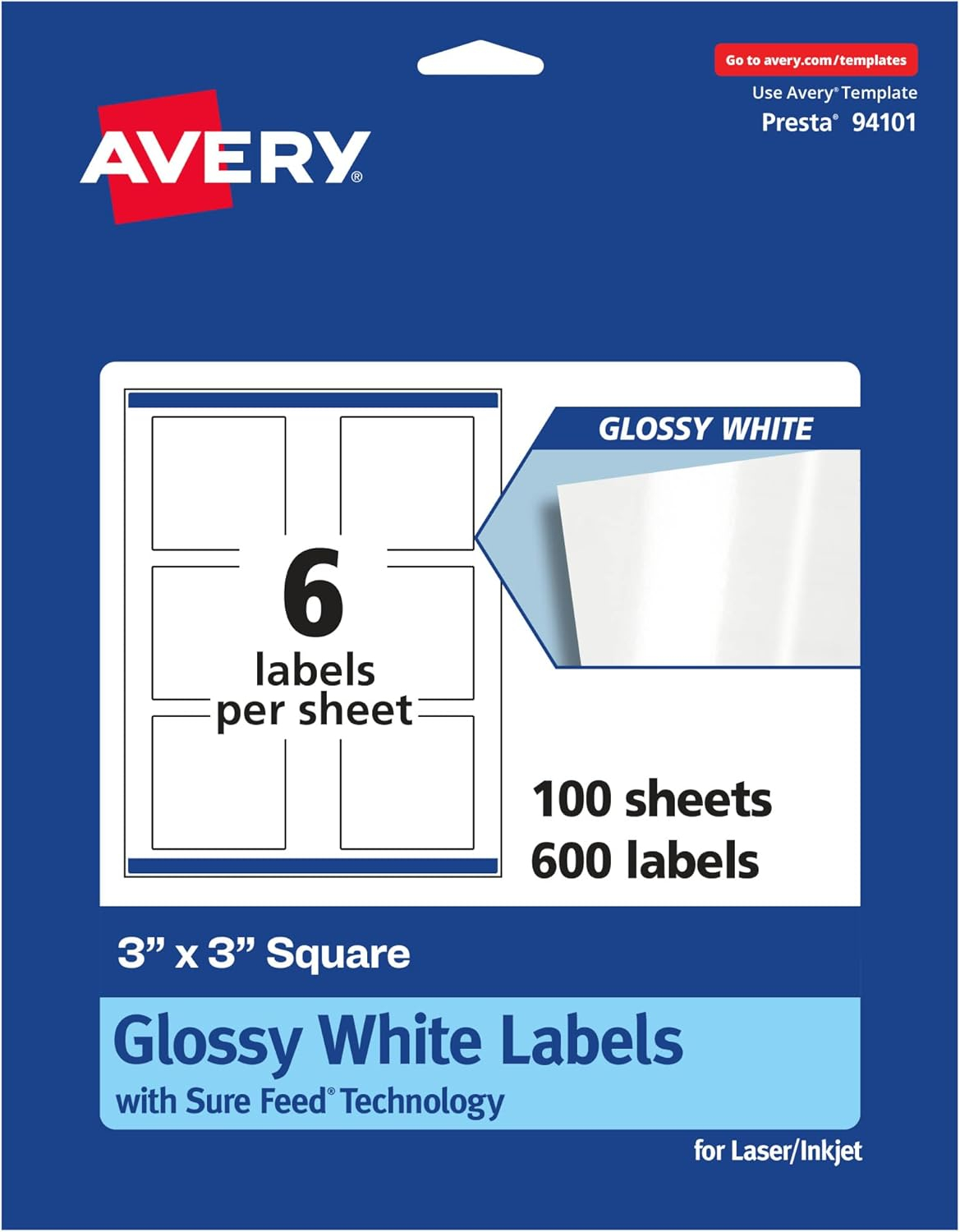 Avery Square Labels with Sure Feed, 3" x 3", 60 Glossy White Labels (36481)