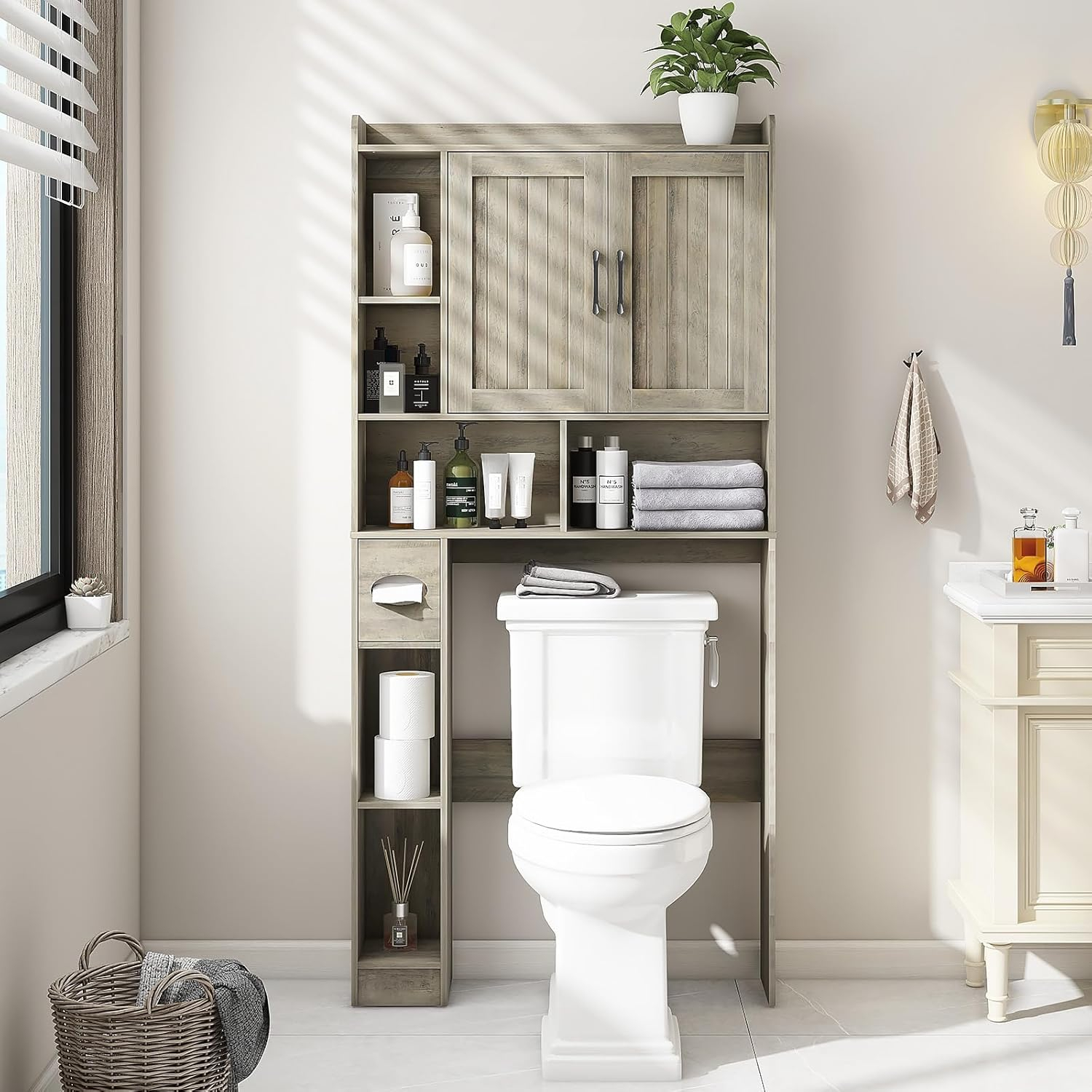 Farmhouse Storage Cabinet Over Toilet with 2 Barn Doors & Toilet Paper Holder Stand, Space-Saving Bathroom Rack